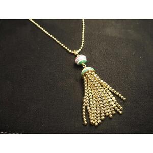 Talbots Gold Tone Multi-Color Stripe Tassel Necklace - Boho Enamel Ball Chain
